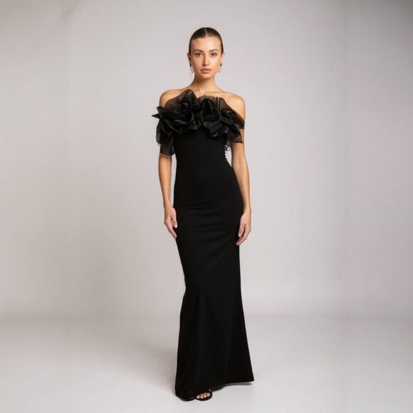 Lulus Women's Evening Excellence Black Ruffled Strapless Mermaid Maxi Dress Sz L - Picture 1 of 9